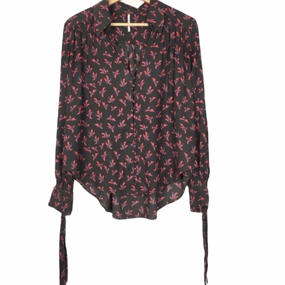 Free People Bird Print Button Up Long Sleeve Tie Cuff Blouse - Picture 1 of 10